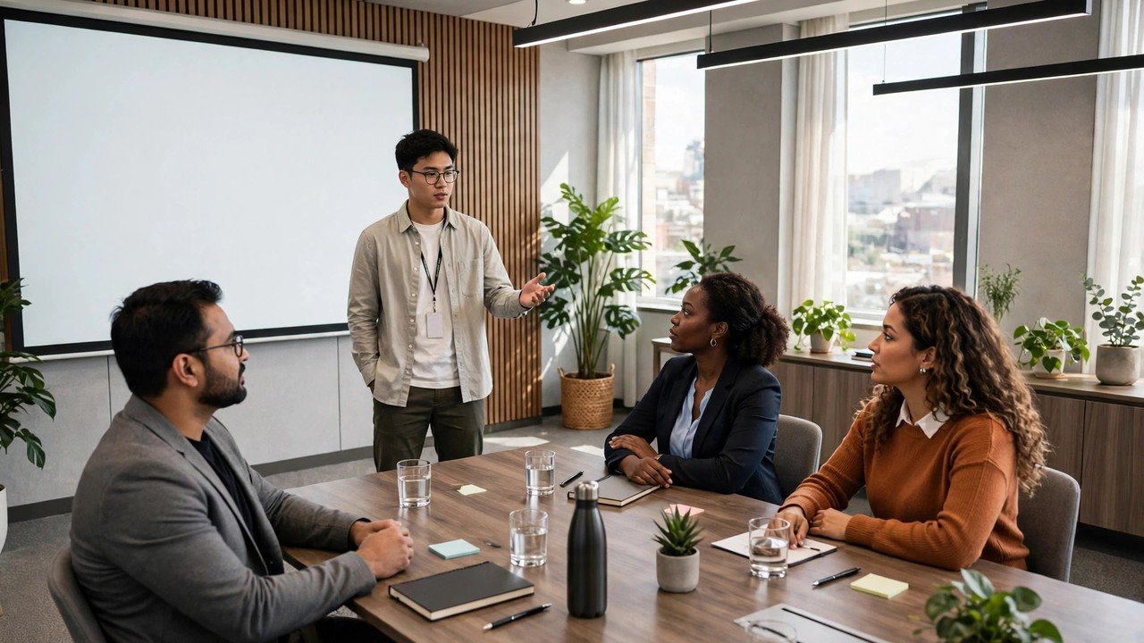 Young HR psychology intern presenting employee engagement survey results to a corporate team