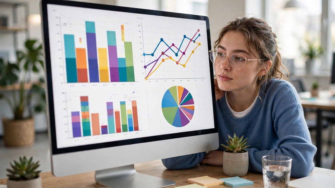 Young data analyst studying colorful statistical charts and graphs on a computer screen in a bright office
