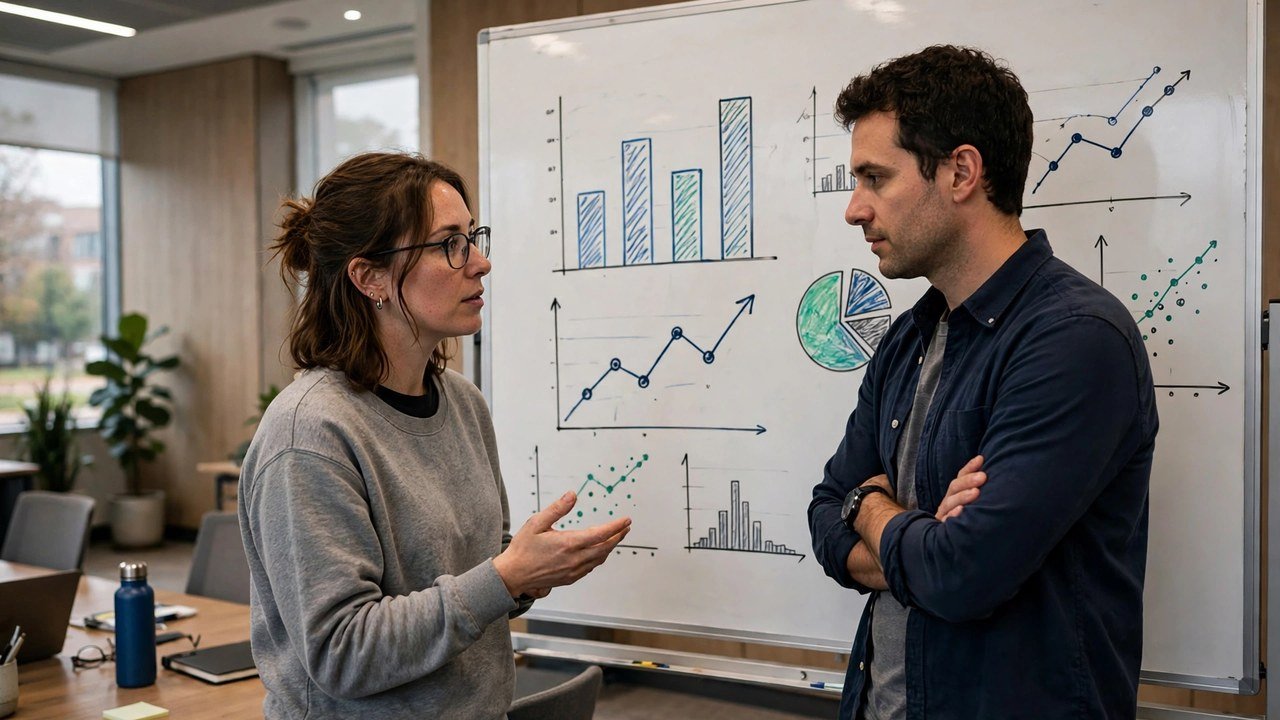 Two researchers discussing survey results beside a whiteboard with data visualizations in a meeting room