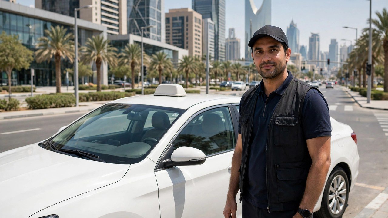 Taxi driver standing beside a white sedan taxi on a modern Riyadh street with city skyscrapers