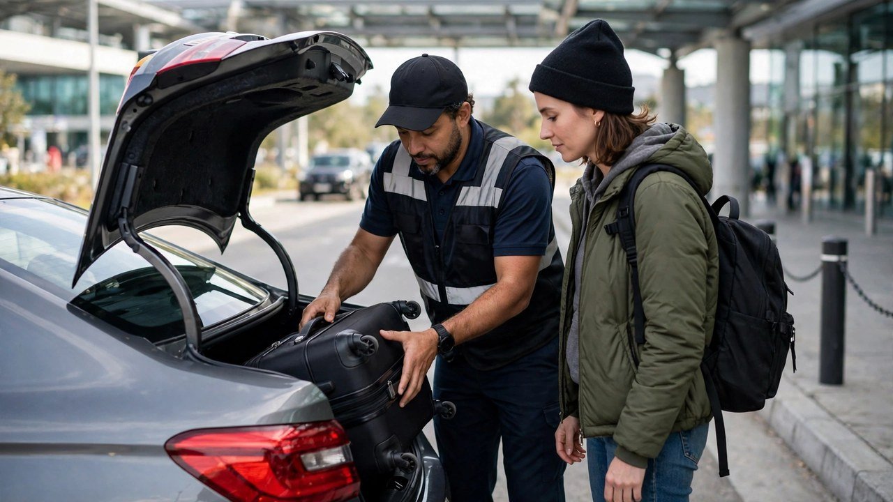 Taxi driver loading a passenger suitcase into a car trunk at an airport drop-off