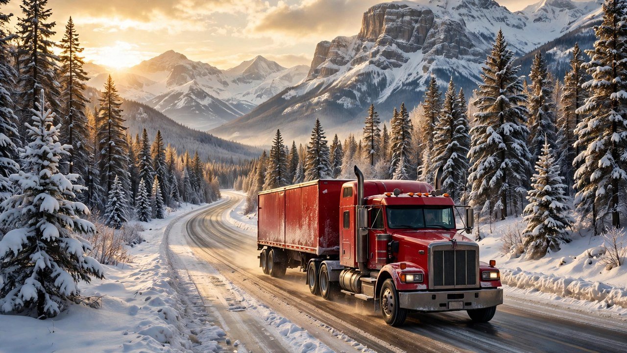 Long-haul truck driving on a highway in Canada