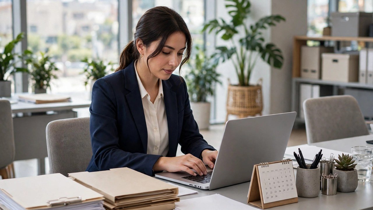 Administrative assistant working on a laptop at a modern office desk with documents and calendar