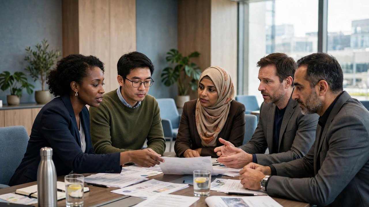 Diverse team discussing documents in a modern conference room meeting