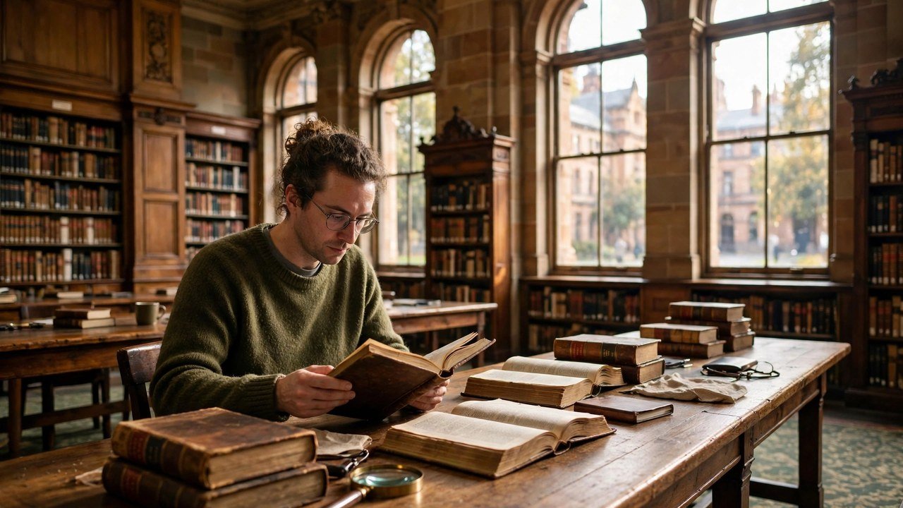 Researcher reading old legal books at a long wooden table in a historic university library in Melbourne, Australia