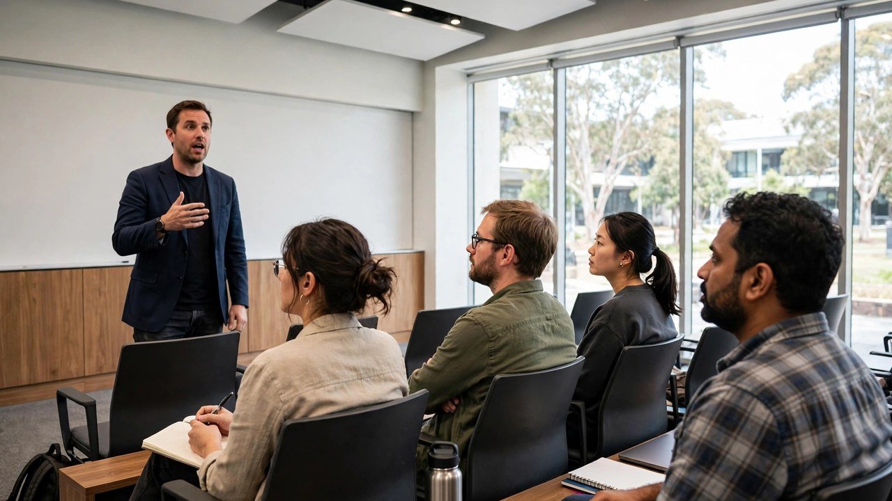 Academic presenting research to a small audience of researchers in a modern university seminar room